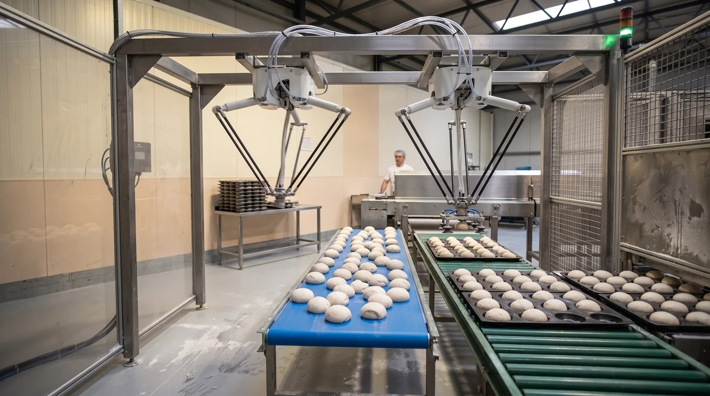 Robots delta tomando bolas de masa de una banda y colocándolas ordenadas en bandejas de horneo.